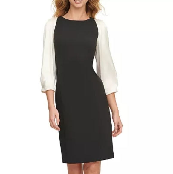 NWT DKNY Black & Ivory 3/4 Puff Sleeve Back Zip Knee Length Sheath Dress - Picture 1 of 16